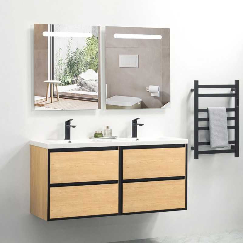 Ensemble meuble 120 bois détail noir-Vasque résine-Miroirs RIMA - Ensemble Meuble + Vasque + Miroir - Bain-bain