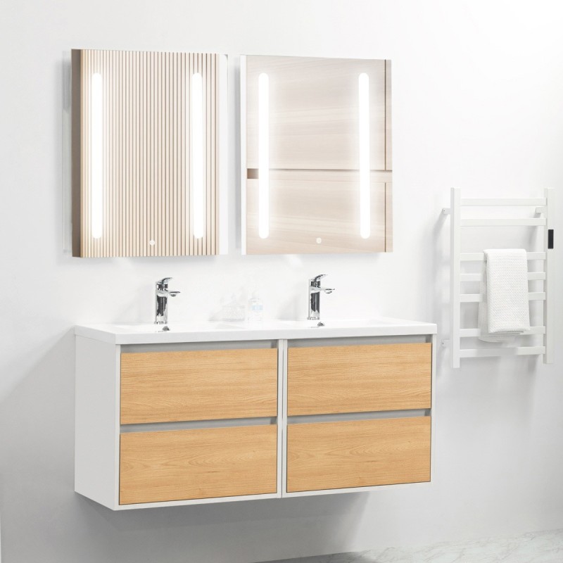 Ensemble meuble 120 blanc effet bois-Vasque résine-Miroirs ELY - Ensemble Meuble + Vasque + Miroir - Bain-bain