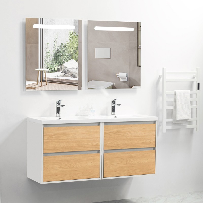 Ensemble meuble 120 blanc effet bois-Vasque résine-Miroirs RIMA - Ensemble Meuble + Vasque + Miroir - Bain-bain