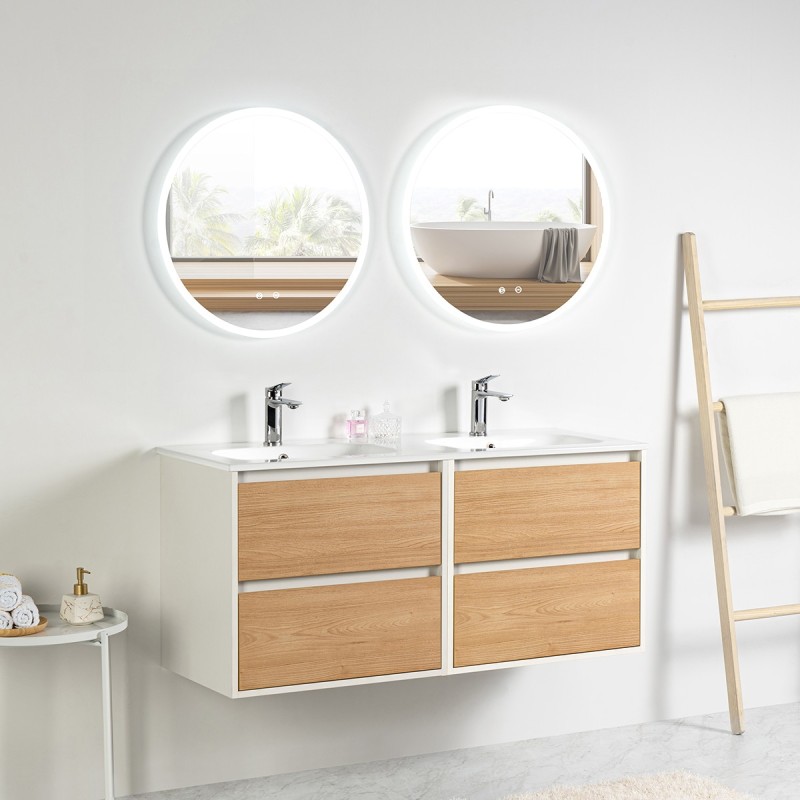 Ensemble meuble 120 blanc effet bois-Vasque céramique-Miroirs JOY - Ensemble Meuble + Vasque + Miroir - Bain-bain